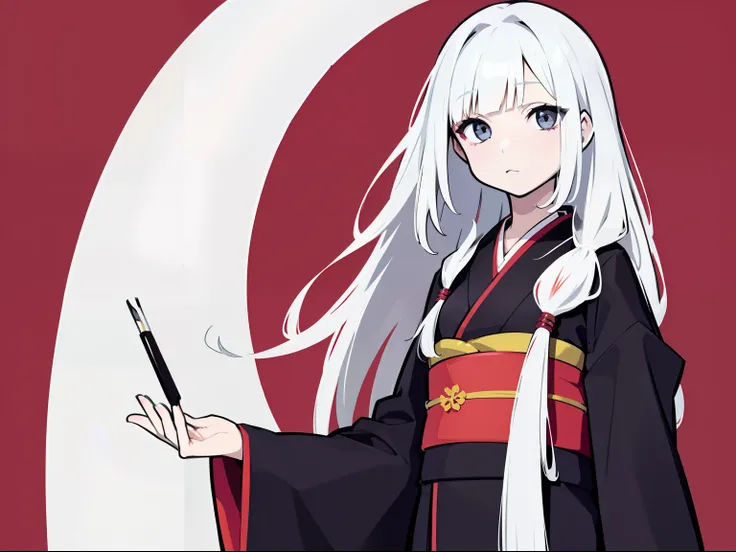 japanaese girl，Indifferent girl，White color hair，long whitr hair，sharp look，Standing painting，Tall one，black kimono，Gorgeous kimono