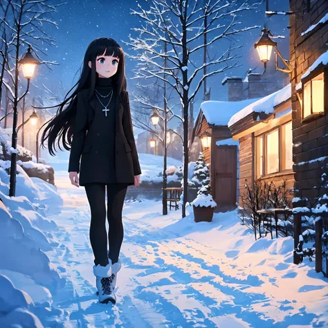 Girl with black long hair with bangs using black necklace in the snow in Russia at night wearing black turtleneck ::Style Pixar Cartoon, Disney Pixarl Movie Poster