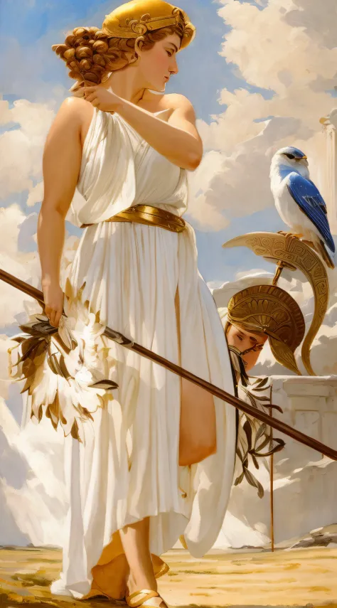 painting of a woman in a white dress holding a stick and a bird, inspired by Exekias, athena goddess of wisdom, greek goddess athena, artemis, greek myth digital painting, greek amazon warrior, the god athena, by Pogus Caesar, j. c. leyendecker 8 k, stern ...