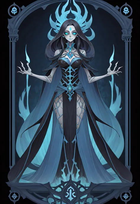 full body portrait of 1 girl, undead mage, skeletons float, blue flame, tattered costumes, standing on your feet, (((独奏))), clea...