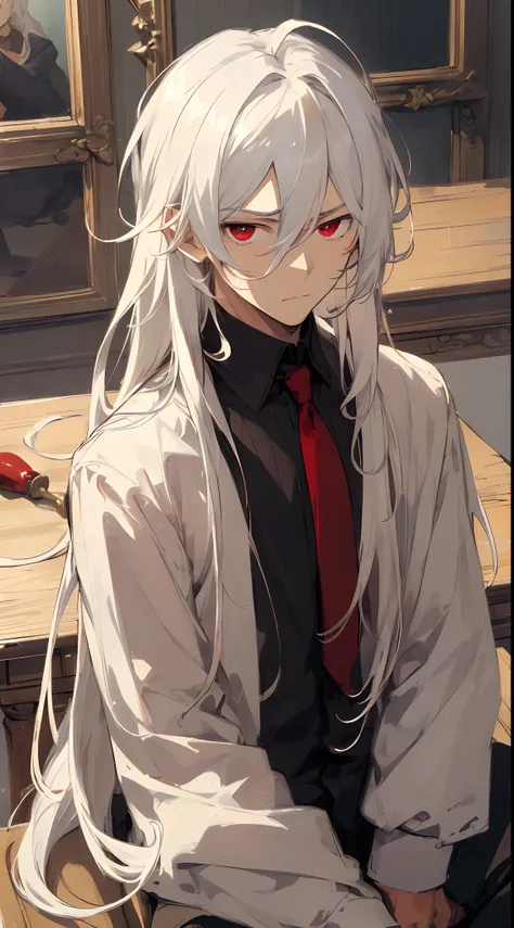 (masterpiece, best quality, high quality), 1boy, ((unimpressed)), sitting, looking at viewer, white hair, (long hair, disheveled hair), red eyes, :(, flowing hair