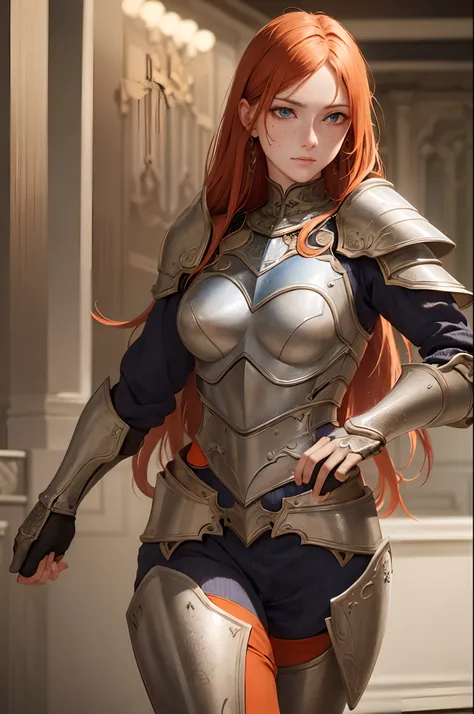 masterpiece, (realistic), highres, highly detailed, intricate, beautiful woman, Orange Long, Blue eyes, freckles, detailed face, knight, Red and Black armor.