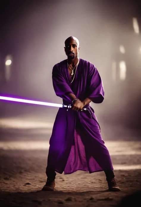 Tupac Shakur as a Jedi holding a purple lightsaber upright in a fighting stance