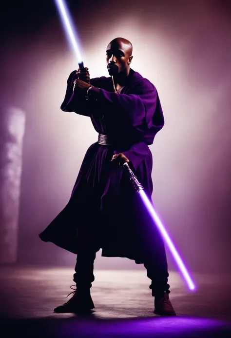 Tupac Shakur as a Jedi holding a purple lightsaber upright in a fighting stance