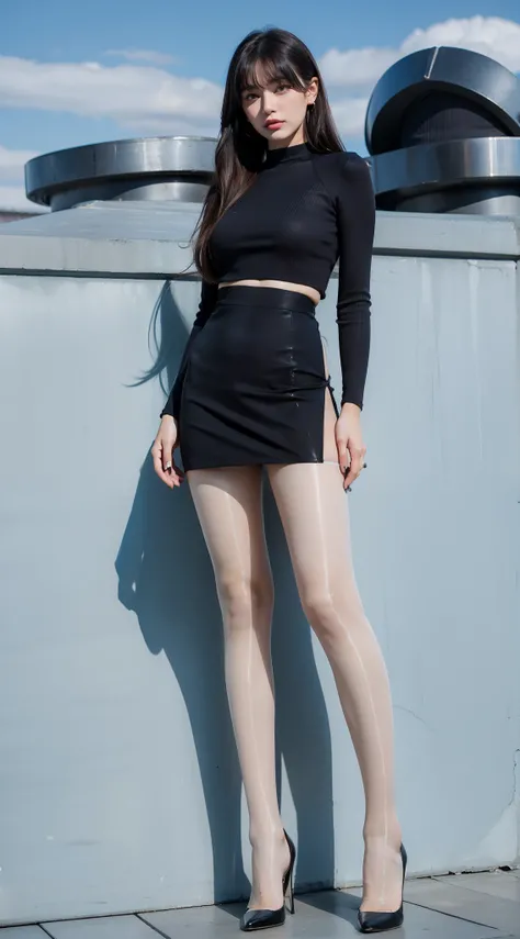 Heavy makeup，8K，Long legs，By bangs，waved hair，mature，ear studs，stiletto，are standing，complexion,，on the rooftop，In the daytime，Tight long sleeves，Two girls standing together，In the daytime，Skirt that wraps hips，Flesh-colored pantyhose