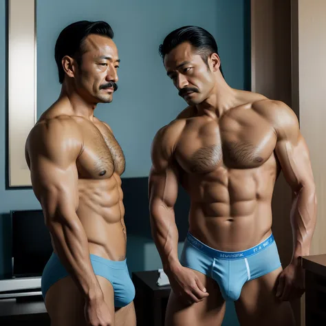 aged 40，Hidetoshi Nakata ，（Kogoro Mouri 1.3），Two muscular men together，Naked upper body，Thick body hair，Crotch contour，Wear light blue sexy briefs，with mustache，tmasterpiece，k hd，black long socks，the feet，Business suit