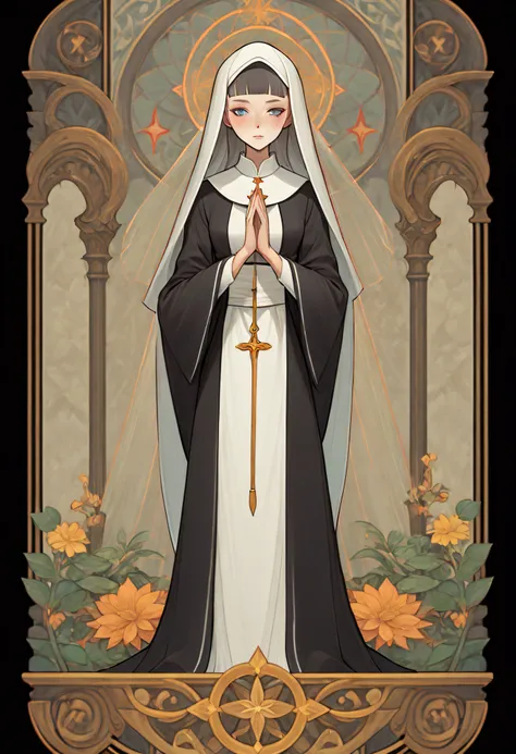 full body portrait of 1 girl, the nun prays, nuns clothing, standing on your feet, (((独奏))), clear facial features, simple line ...