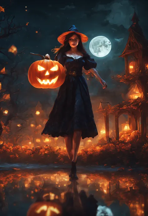 1girll，adolable，sorceress woman，pumpkins，flying brooms，halloween floating lights, cinematic light and reflections,digital illust...