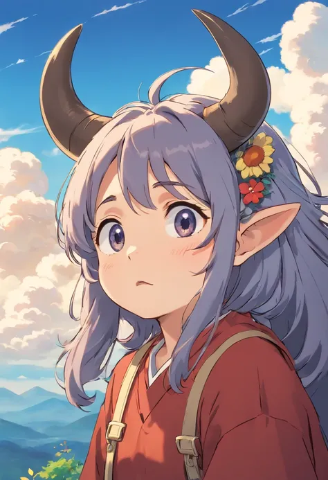 Cute buffalo looking at the sky, The expression is sad, crying with eyes open, cow ears, cow horn, Ghibli-like colours