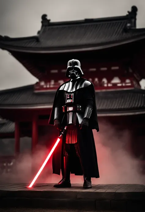 darth vader as a samurai with red highlighted samurai armor and 2 lightsabers drawn standing in victory, outside a Japanese pagoda burning down, slightly smoky, dark, Radioluminescence, hyper detailed, hyper reality, Hypertorus, uplit, 8K