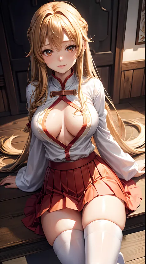 Asuna Yuki(Sword Art Online),master-piece,beste-Qualit,professional artwork, dynamic angle,Cute Girl,Long golden brown hair,braid,Brown eyes,detailed eyes,White Chinese shirt,Erotic facial expressions,bare breasts,huge breast,Chest groove,Red and white ski...