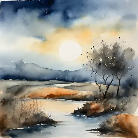 Simple landscape painting，Ancient wind，Around eleven oclock in the evening，Clouds，themoon，Plain and minimalist，Hand drawn watercolor，Star blue