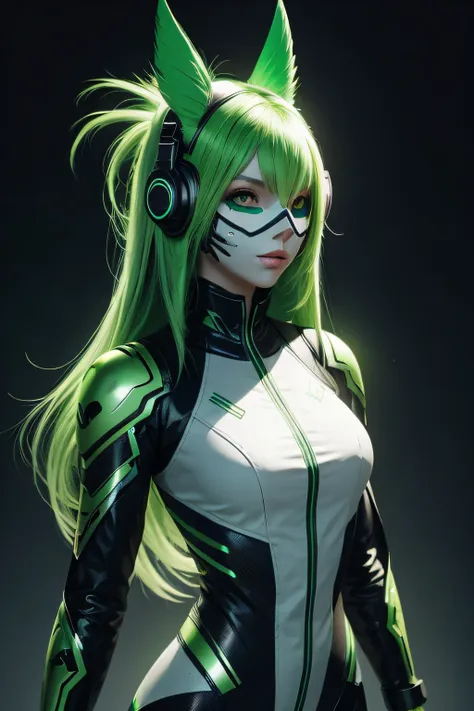 girl with long green hair, green eyes, futuristic vibes, mask on mouth, headphones, 8k, high quality, simple background, glowing...