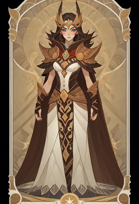 1 full-length portrait of a huntress, Northern barbarian costumes, Furry cape, standing on your feet, (((独奏))), Clear facial features, Simple line design, ((tarot card background, symmetric beauty)), perfectly symmetrical, The art of symmetry, Standing dra...