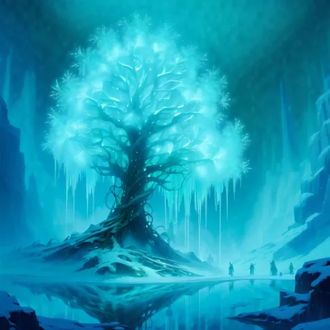 (((eerie depths of a virtual game rime Ice illustration:1.3))), a chilling undead glass sparkle rime ice tree, unfolds before our eyes. breathtakingly haunting digital painting captures the main subject, massive party, dissonant orchestra of shadowy figure...