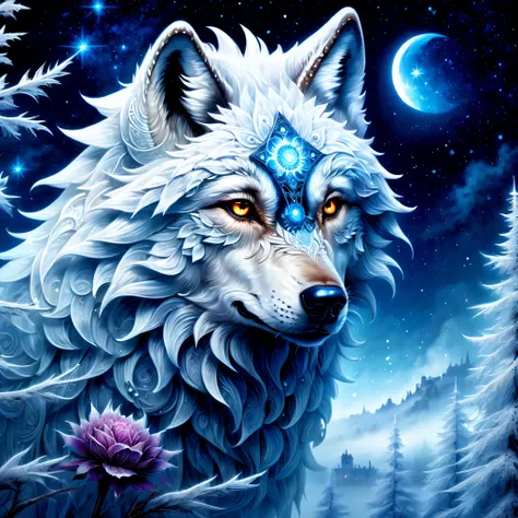 (((misty rime ice flower and wolf stunning illustration:1.4))), (((exuding a nihilistic aura:1.3))), (((incredibly detailed and visually striking depiction of a mystical starry sky:1.2))), sense of divine grandeur wish, dynamic rendering style, (((touch of...