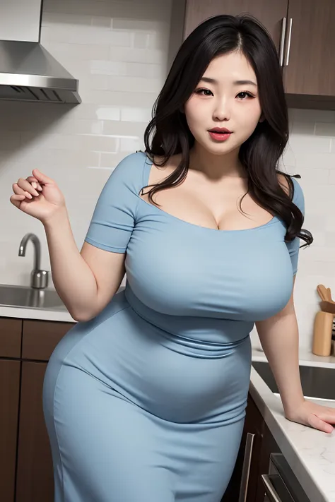 beautiful, mother-in-law, japanese, voluptuous, spaghetti midi dress, in the kitchen, seductive expression