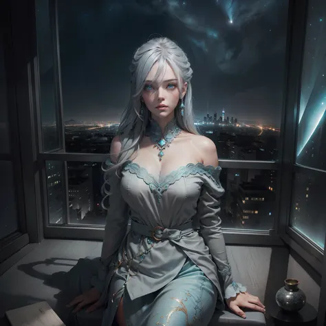 (Masterpiece), Best quality, Cyan eyes, light grey hair, Expressive eyes, Hohaya, Sitting in a high floor apartment room, Night sky, City landscape, view the viewer, City lights, window, Highlight, dramatic lights, Calm face,