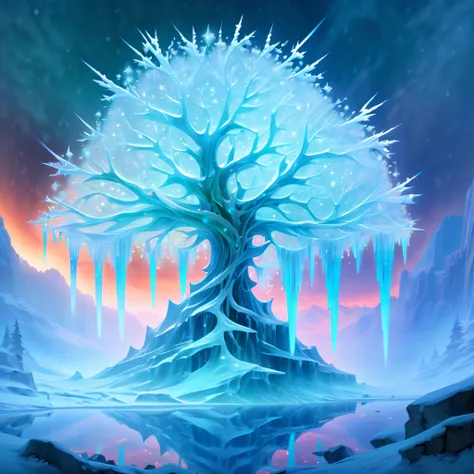 (((eerie depths of a virtual game rime Ice illustration:1.3))), a chilling undead glass sparkle rime ice tree, unfolds before our eyes. breathtakingly haunting digital painting captures the main subject, massive party, dissonant orchestra of shadowy figure...