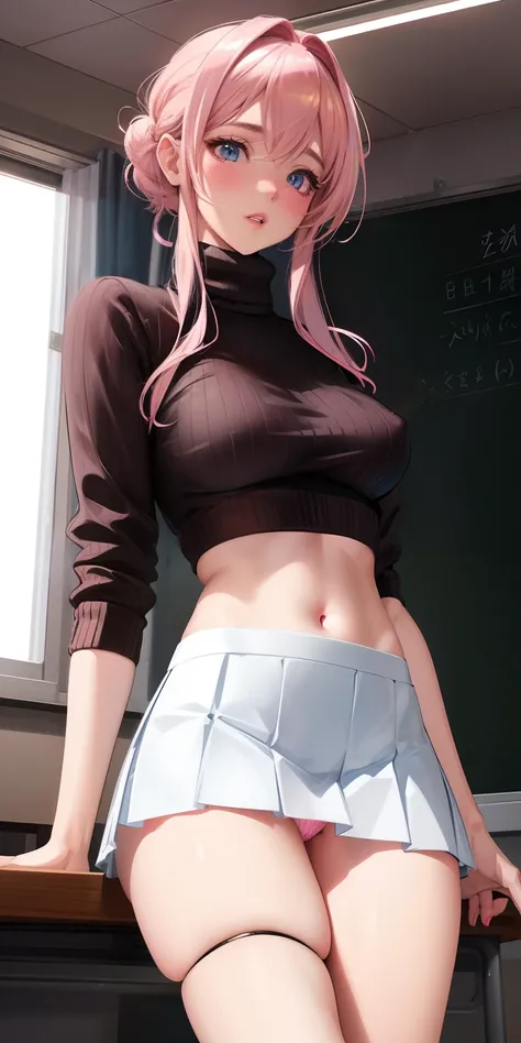 ultra-realistic, 1girl, blondish pink hair, blue eyes, glowing eyes, sweater crop top, classroom, skirt, parted lips, blush, tinted windows,nsfw, panties