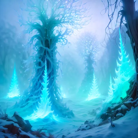 (((eerie depths of a virtual game rime Ice illustration:1.3))), a chilling undead glass sparkle rime ice tree, breathtakingly haunting digital painting captures the main subject, massive, each clad in ghostly attire. image seethes with an unsettling energy...