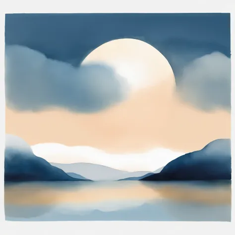 Simple landscape painting，Ancient wind，Around eleven oclock in the evening，Clouds，themoon，naive，Hand drawn watercolor，Star blue