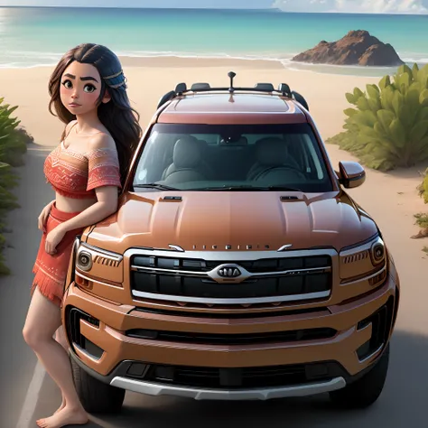 Moana on the hood of a Kia telluride