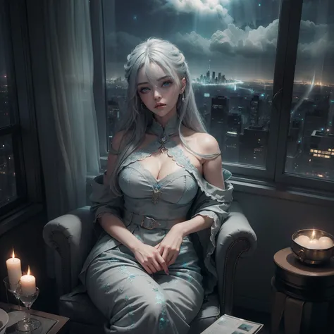 (Masterpiece), Best quality, Cyan eyes, light grey hair, Expressive eyes, Hohaya, Sitting in an apartment room on a high floor, Night sky, City landscape, view the viewer, City lights, window, Highlight, dramatic lights, Calm face,