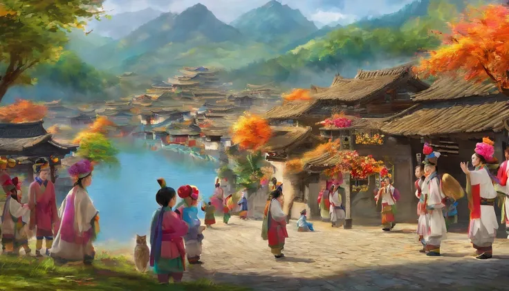 (bustling village scene:1.2, vibrant rural scenery) A beautiful village nestled among majestic mountains. The picturesque landscape is dominated by lush greenery, with vibrant blue skies overhead. The focal point of the scene is a joyful sight: a young boy...