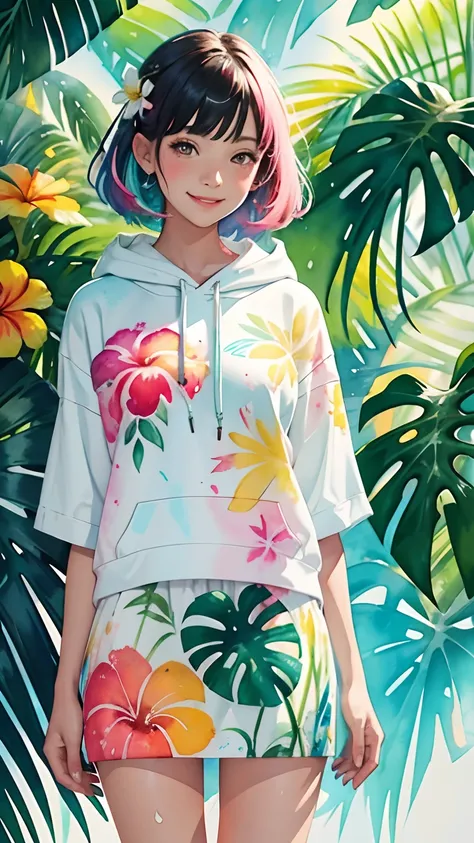 a tropical painting with a splatter background and spray paint effect, flowers and leaves design hoodie and white skirt, woman upper body centered, multi-color hair, big happy smile, watercolor art,  watercolor painting, watercolor painting style, watercol...