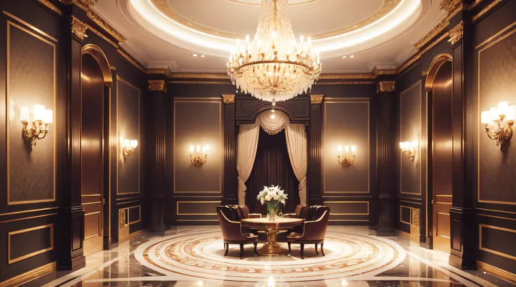 7 star hotel: Luxurious 7 star hotel lobby，Furnished with ornate chandeliers, marble floor, and intricate gold accents, Present a sophisticated and palatial atmosphere, Photography, Shot with a Sony Alpha 35R III with a 7mm lens, Realistic, Ultra-realistic...