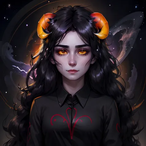 close-up portrait, aradia, (horns), black hair, dark grey skin, black shirt, collared shirt, yellow sclera, black eyes, very lon...