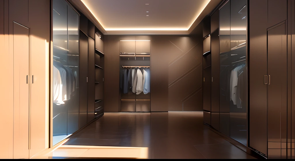 A walk-in closet with a view，There are a lot of clothes inside, rendering in Unreal Engine 6, Realistic physical rendering, with photorealistic lighting, hyper realistic rendering, hyper - realistic render, Clear glass wall, mirror and glass surfaces, high...