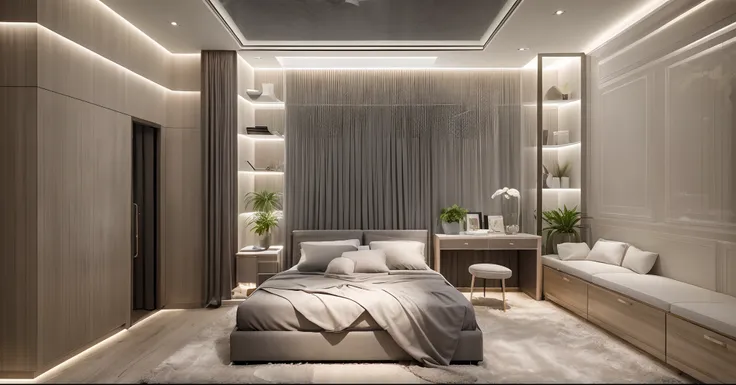 in the night, nice lighting,
luxurious bedroom interior design, luxury interior, luxurious bed,tufted carpet, large glass window...