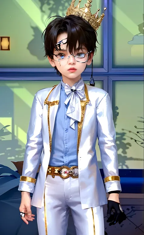 1boy, White Outfit, One glove at left hand, Black hair, One eyeglass at left eye, Crown