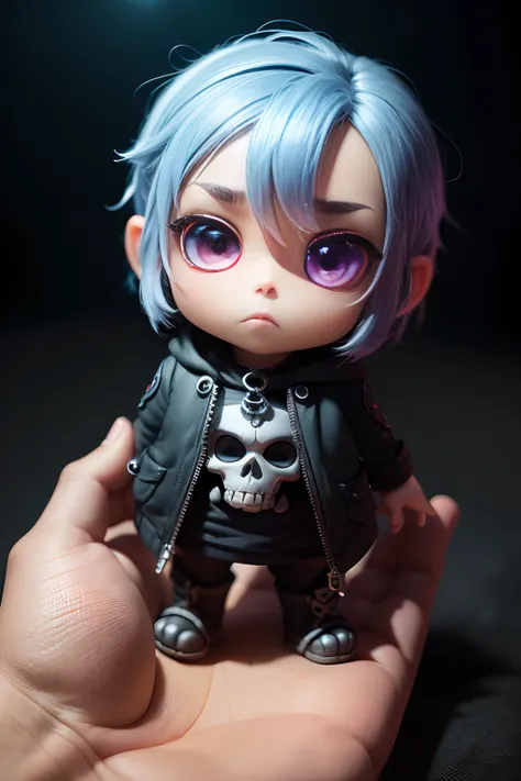 (best quality, cute, well detailed, dreamworks pixar style:1.1),mini chibi skull appearance, in a dark environment with directed light, extremely well detailed, vibrant colors,bokeh,studio lighting