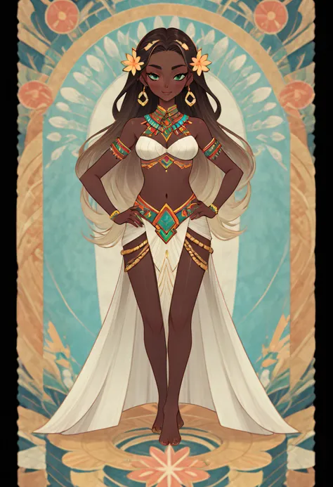 1 rapariga, Black skin, hula skirt, Full body standing painting, (((独奏))), Clear facial features, Simple line design, ((tarot card background, symmetric beauty)), perfectly symmetrical, The art of symmetry, Standing drawings of characters, ((flatcolors)), ...