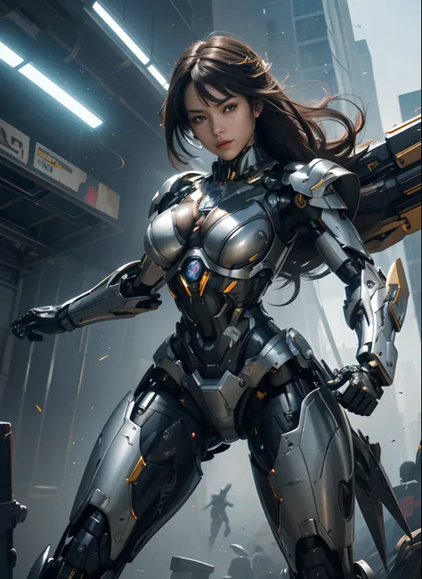 Textured skin, Super Detail, high details, High quality, Best Quality, hight resolution, 1080p, hard disk, Beautiful,(Superheroine),beautiful cyborg woman,Mecha Cyborg Girl,Battle Mode,Girl with a Mecha Body,She wears a battle cyborg mech with a weapon,Ful...