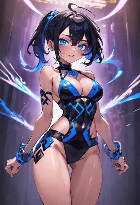 underwear, black hair with blue highlights bare shoulders, black bra, crossed arms, muscular, blue eyes, view from below, smug smile on her face, small breast, femdom