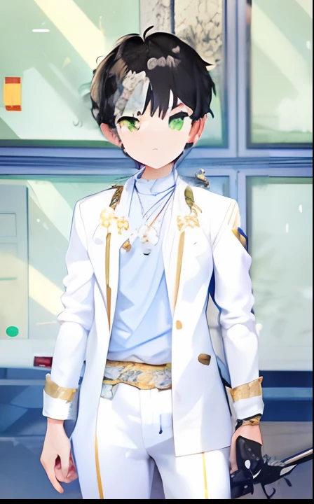 1boy, white outfit, green eyes, black hair, anime stye, ultra detail, 70mm lens