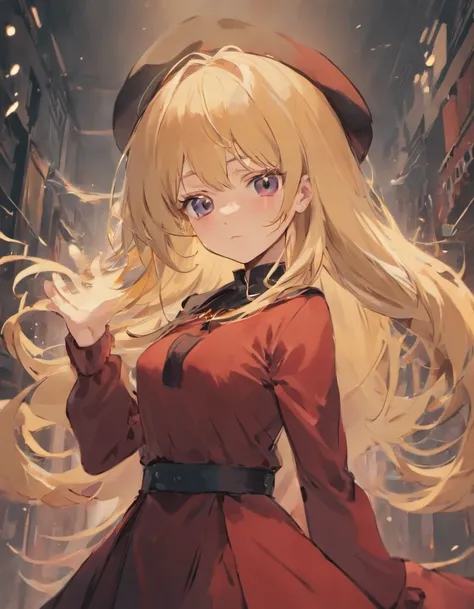 adult  woman,she has blond hair, Long hair, an eye patch, Red beret, long eyes, And a black dress,odd eye