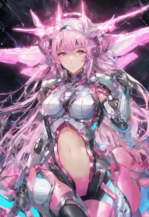 Bokeh, masutepiece, Best Quality, High quality, absurderes, hight resolution, 8K, 4K, (Full body:1.3), (mecha musume:0.8), armor, place々Exposed Yes,Older, deadpan, Long silver hair, hair between eye, side locks, (Pink eyes:1.4), From below, Looking down, m...