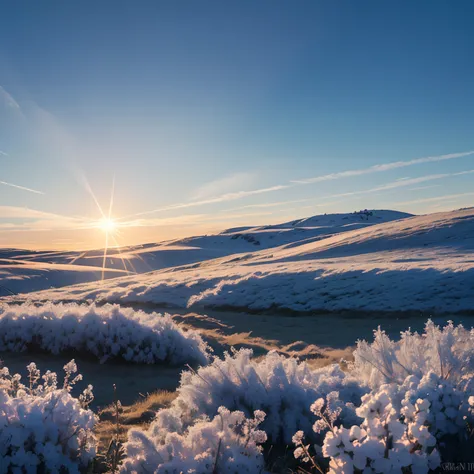 finest image, (8k, RAW photo, realistic), hoarfrost covered the plants in the field, blue sky without a single cloud, sunlight, dust of light, iridescent light particles, detailed and delicate depiction, professional lighting