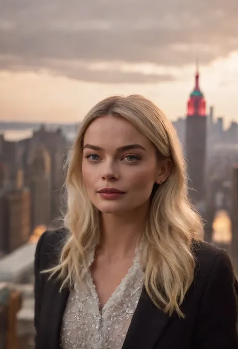 500 foot tall margot robbie looming over tiny city, street pov, realistic