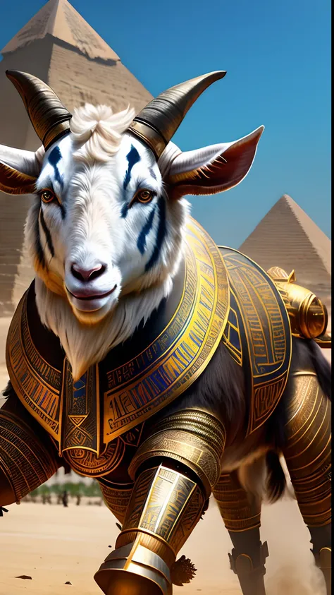 Animalrizz   (( goat )) 10, masterpiece, highres, Absurd,photorealistic portrait, Parley_armature,Egypt,Pyramids, Cute Robot Tiger,In armor ,Wear Parley_armature, Massive futuristic armor, running, move,