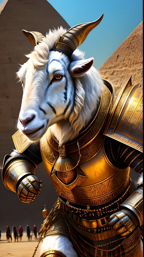 Animalrizz   (( goat )) 10, masterpiece, highres, Absurd,photorealistic portrait, Parley_armature,Egypt,Pyramids, Cute Robot Tiger,In armor ,Wear Parley_armature, Massive futuristic armor, running, move,