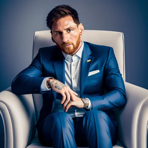 a professional photo of Lionel Messi sitting in an armchair, wearing a suit, staring into the camera, focusing on his face, realistic, dsrl, canon, sony