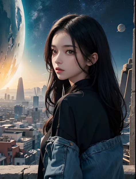 Beautiful woman in modern clothes. Late teens. Black hair. Image of megalithic civilization and outer space in her background. 8K quality. A masterpiece.