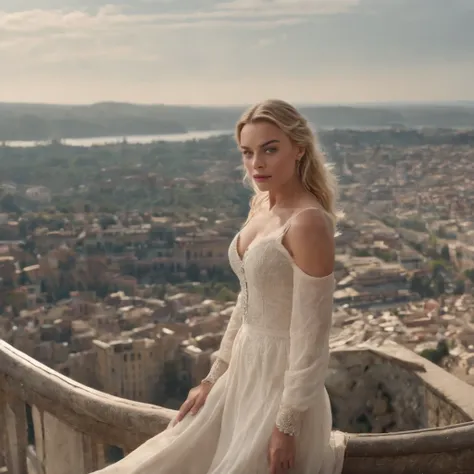 500 foot tall giantess margot robbie looking down on tiny city beneath her feet