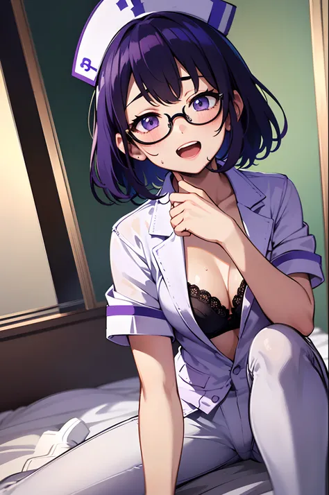 (masutepiece:1.3),(Best Quality:1.3), High resolution, Couboy Shot, (One Cute Girl:1.3), 独奏, huge smile、Wearing glasses、wide forehead、Bob Purple Hair,Open mouth ,Caregiver,Hospital Room、hospitals,White nurse uniform,White nurse hat,nurses outfit、looking at...